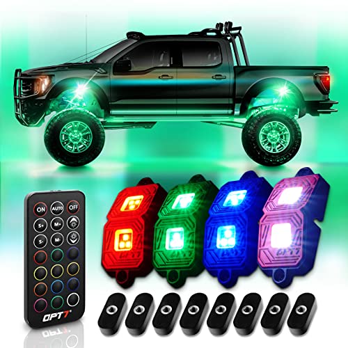 OPT7 Photon RGB LED Magnet Rock Lights with Remote Control, 4 Red Pods Wide Angle Multicolor Neon Underglow Lighting Kit with Extension Wire, IP68 Waterproof for Offroad Truck Jeep RZR ATV UTV SUV