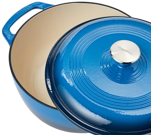 Amazon Basics Enameled Cast Iron Round Dutch Oven with Lid and Dual Handles, Heavy-Duty & Small, 4.3-Quart, Blue