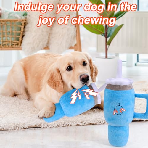 BABORUI Cute Squeaky Dog Toys Cup, Dog Birthday Toy for Aggressive Chewers, Safety Design Dog Toys for Small/Medium/Large Dog Exercise and Accompany(Blue)