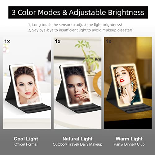 Travel Mirror with Light and Round 10X 20X Magnifying Mirror, PU Leather Travel Makeup Mirror with 3 Light Settings, Portable LED Lighted Makeup Mirror of 8 * 5.5inch, with 2000mAh