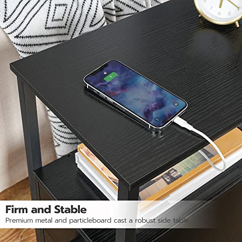 HOOBRO End Table with Charging Station, Narrow Side Table with 2 Drawer & USB Ports & Power Outlets, Nightstand for Small Spaces, Stable and Sturdy, for Living Room, Bedroom, Black BK541BZ01