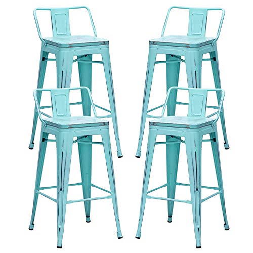Alunaune 24" Metal Bar Stools Set of 4 Industrial Counter Height Barstools Kitchen Counter Stool Wood Top Low Back-Distressed Blue