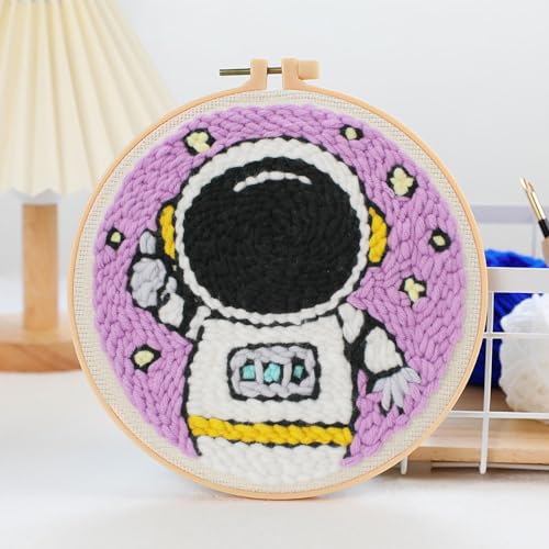 Punch Needle Kit for Beginner, Rug Yarn Hooking Beginner Kit with Instruction, Punch Needle Fabric with Pattern, Yarns, Embroidery Hoops for Punch Needle 20CM/9.8INCH (Fish)