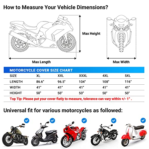 Favoto Motorcycle Cover Waterproof Outdoor - All Season Sun Protection Universal Fit Oxford Cloth with Lock-Holes Rain Snow Dust Proof Fits up to 86.6" Motorbikes Vehicle Motorbike Cover