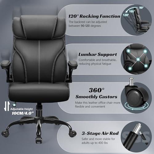 HeroSet Office Chair, Ergonomic Big and Tall Computer Desk Chairs, Executive Breathable Leather Chair with Adjustable High Back Flip-up Armrests, Lumbar Support Swivel PC Chair with Rocking Function