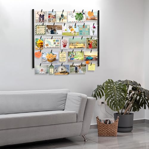 Love-KANKEI Wood Picture Frame Collage Photo Display Frame 26×29 inch with 30 Clips and Adjustable Twines Collage Artworks Prints Pictures Organizer Gift Black