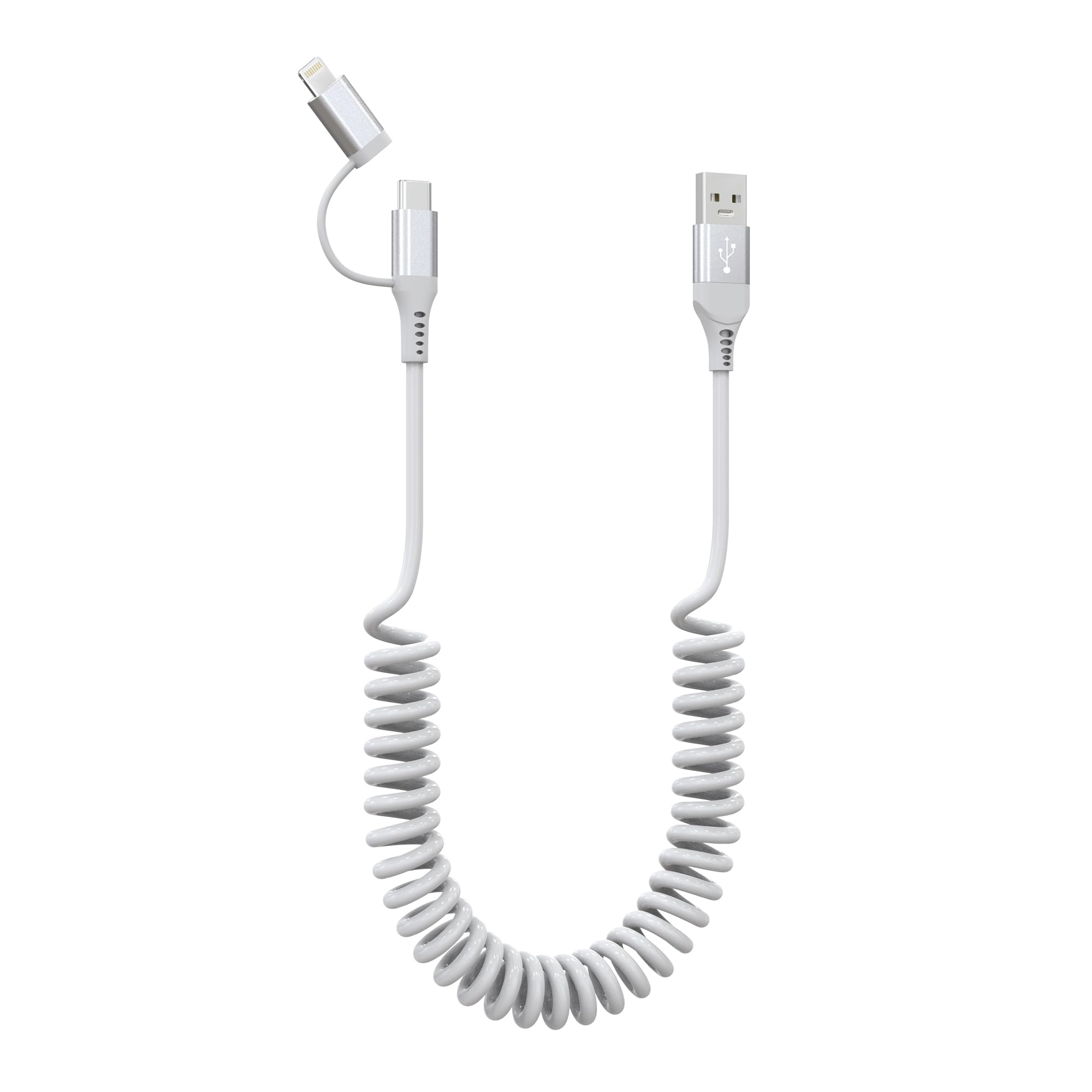 USB to Lightning and USB C Cable 2 in 1 Coiled iPhone Charger Cord - Car Charger Lightning USB C Combo Support Apple Carplay & Android Auto & Data Sync, for iPhone 16 15 14 13 12 11 Android, White