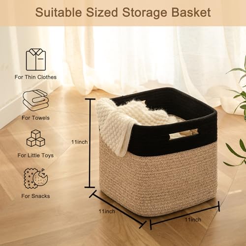 SIXDOVE Storage Cubes 11 Inch Cotton Rope Woven Baskets for Organizing, 3-Pack Cube Storage Bin | Square Baskets for Shleves, Closet, Baby Nursery Bins, Black & Brown