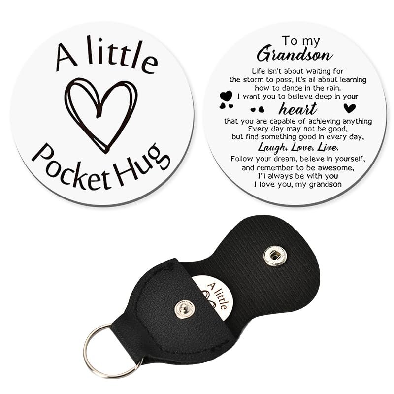 Grandson Birthday Gifts from Grandma Grandpa, Pocket Hug Token Holder Keychain for Grandson Inspirational Motivational Gifts for Boys Grandsons Christmas Presents Grandson Double Sided Keyring