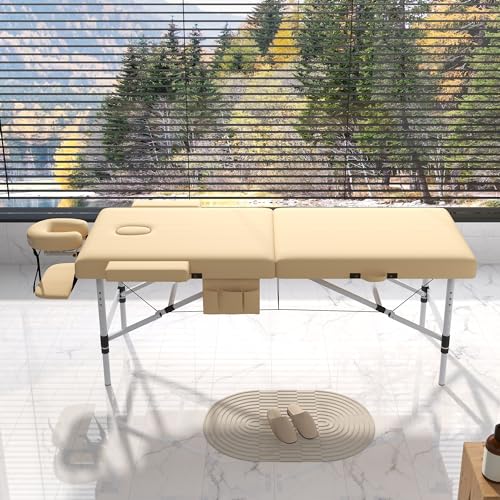 KCC Memory Foam Portable Massage Table, Foldable Tattoo Table Lash Bed Height Adjustable，28 Inchs Wide Home Salon Spa Bed Accessories &Carrying Case，Easy Set Up,Lightweight Aluminium Leg,Beige
