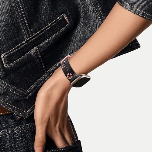 CreateGreat Floral Engraved Band Compatible with Apple Watch Band 40mm 41mm 38mm, Two-Tone Soft Silicone Cute Flower Sport Strap for iWatch Bands Women Series 9 8 7 6 5 4 3 2 SE,Ultra/2-BK/PK