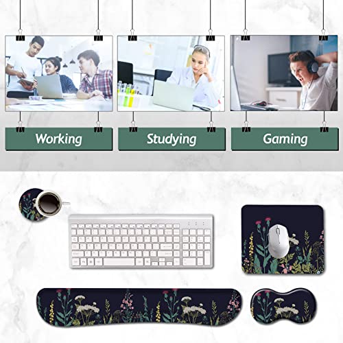 AIMSA Keyboard Wrist Rest Support + Mouse Pad + Mouse Wrist Rest + Coaster, Ergonomic Memory Foam Anti-Slip Rubber Base 4 PCS Set Easy Typing Pain Relief, Flowers Plants