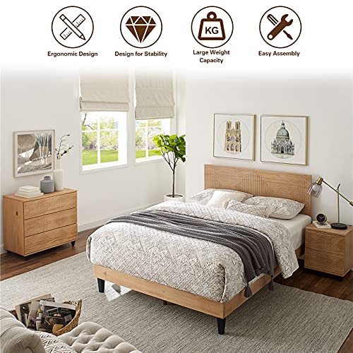 MUSEHOMEINC Solid Wood Full Size Bed Frame with Adjustable Height Headboard, Mid Century Modern Style, Mattress Foundation with Wooden Slat Support,No Box Spring Needed,Easy Assembly (Full)