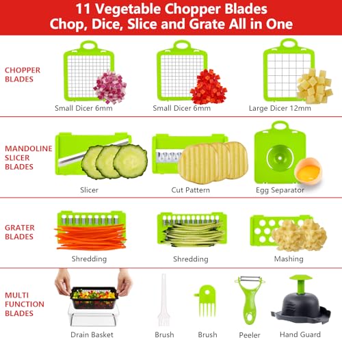 Professional Compact Vegetable Chopper, Chopper Vegetable Cutter, Food Chopper, Veggie Chopper with Container, Vegetable Chopper With Container, Onion Chopper, Mandoline Slicer (9 Inserts) Grey Green