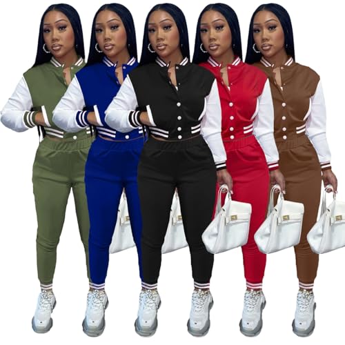 KELOVEPAN Casual Sweatsuits Women 2 Piece Sets Long Sleeve Patchwork Button Down Bomber Varsity Jackets Pants Set Sexy Black S