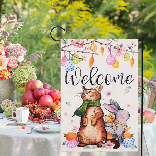 Easter Garden Flag, Welcome Garden Flag, Easter Bunny Cat Garden Flag, Spring Garden Flags 12x18 Double Sided, Decorative Garden Flags for All Seasons and Holidays