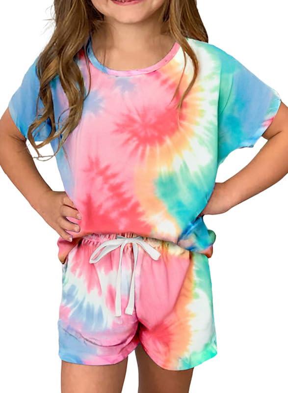 Dokotoo Girls Summer Casual Cute T-Shirt Shorts Outfits Set Short Sleeve Tops Tee Clothes Crew Neck Tie Dye Stretchy Drawstring Waist Shorts with Side Pockets 2024 Size 12-13 Pink