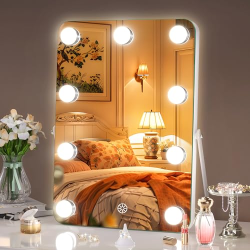 Hasipu Hollywood Vanity Mirror with Lights, 10" x 14" LED Makeup Mirror, 3 Modes Light, Smart Touch Control Dimmable, 360°Rotation, Rounded Rectangle White Frame