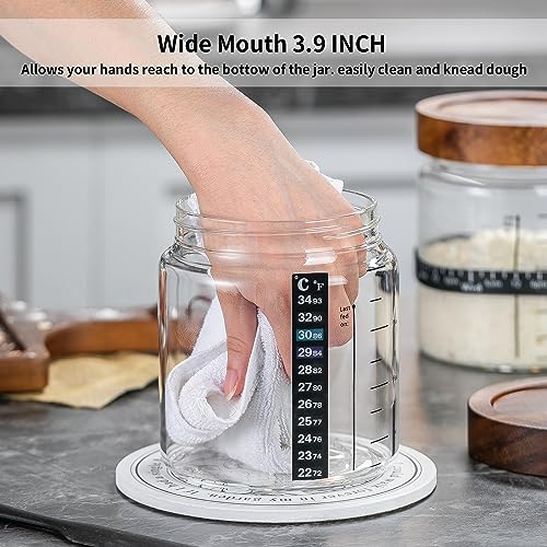 Wissy&Konny Sourdough Starter Jar 35OZ with Ounce Scale Line,Date Marked Feeding Band, Thermometer, Sourdough Jar Scraper, Cloth Cover & Wood Lid, Wide Mouth for Sourdough Bread Baking