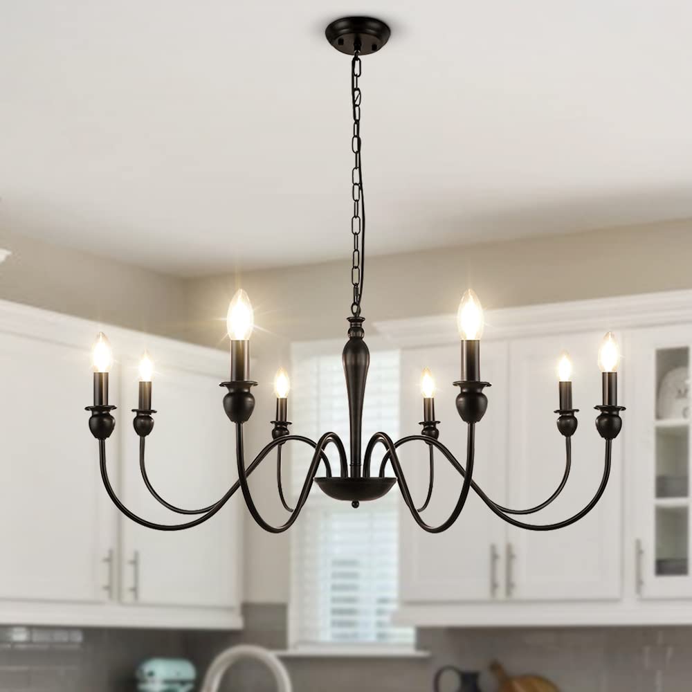 LynPon Farmhouse Chandelier for Dining Room, 8 Lights Black Chandeliers 36.6 Inch Wrought Iron Light Fixtures, Rustic Industrial Hanging Candle Ceiling Light Fixture for Living Room Kitchen Foyer