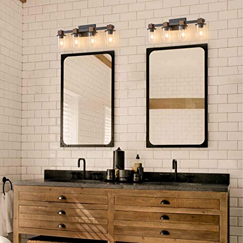 PUNSOKO Farmhouse Vanity Light Fixture, 3 Light Bathroom Wood Wall Light Over Mirror with Clear Glass Shade, Rustic Bathroom Vanity Light (Antique Wood, 3-Light)