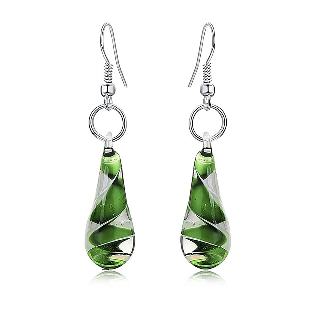 Glass Water Drop Shape Glaze Spiral Dangle Earrings Lampwork Handmade Glass Bead Geometric Earrings for Women Jewelry-Green