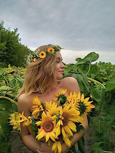 WOVOWOVO Sunflower Crowns For Girls Women, Bridal Daisy Flower Leaf Crown Bride Hair Accessories Floral Wreath Headband With Ribbon For Wedding Birthday Vacation Party Festival Photo Prop