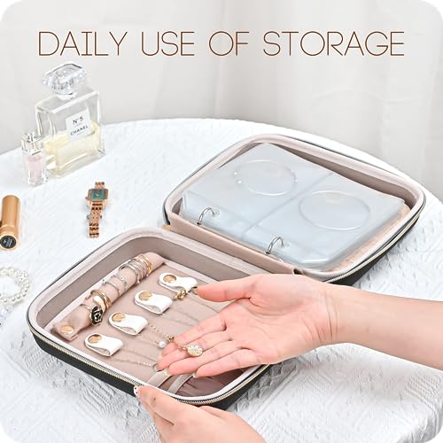 ProCase Medium Travel Jewelry Organizer Case, Jewellry Home Storage Book Ring Binder with Clear Pockets for Presentation, Zippered Pouch Bag for Earrings Necklaces Bracelets -Black