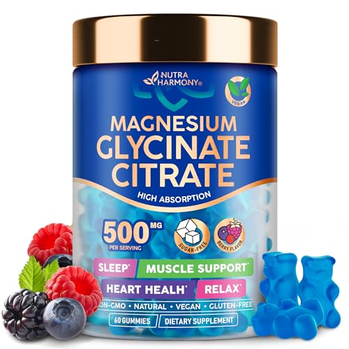 Magnesium Gummies Glycinate & Citrate 500 mg - for Adults & Kids - Vitamin B6 | Vitamin B12 | Vitamin D3 - Sleep, Muscle & Heart Health Support - GMO & Sugar Free - Berry Flavor - Vegan, 60 Gummies