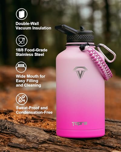 Topre Half Gallon Water Bottle,64oz Insulated Water Bottle Stainless Steel Vacuum,Cold for 48 Hrs,BPA-Free & Leakproof -with Paracord Handle,Strap,Straw Spout Lids,Big Flask Jug for Gym Sports,Pink