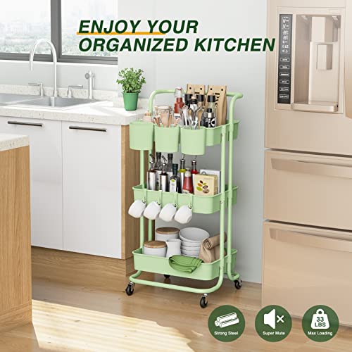 LEHOM 3-Tier Rolling Mobile Utility Cart with Hanging Cups & Hooks & Handle Multifunctional Organizer Storage Trolley Service Cart with Wheels Easy Assembly for Office, Bathroom, Kitchen (Green)