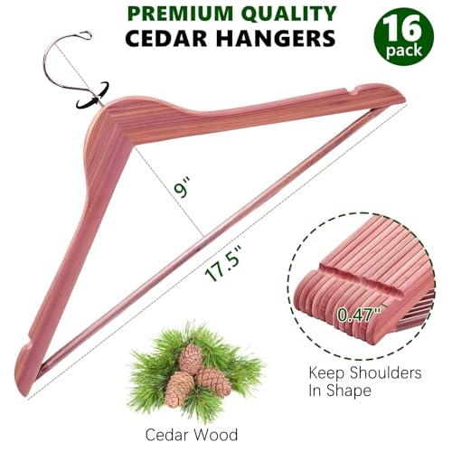 Amber Home 16 Pack American Red Cedar Hangers, Smooth Finish Wood Coat Hangers with Swivel Hook & Notches for Suit, Shirt, Dress, Jacket, Pants