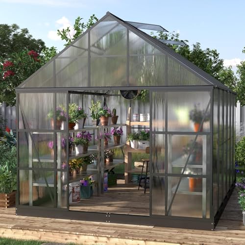 AMERLIFE 12x10x10FT Polycarbonate Greenhouse with 2 Sliding Doors 4 Vents Walk-in Premium Professional Greenhouse Storage Aluminum Large Hot House for Outdoor Sunroom Garden Backyard Matte, Black