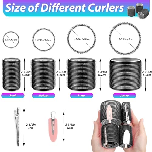 Rollers Hair Curlers 48 Pcs Set with 24Pcs Hair Rollers 4 Sizes (6 Jumbo Rollers/6 Large Rollers/6 Medium Rollers/6 Small Rollers) and 24 Pcs Hair Clips for Long Medium Short Hair (Black)