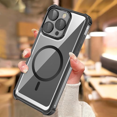 KSWOUS for iPhone 14 Pro Case Magnetic Clear with Full Camera Cover Protection [Compatible with Magsafe] [Not Yellowing] Slim Shockproof Air Cushion Bumper Black Case Cover for iPhone 14 Pro