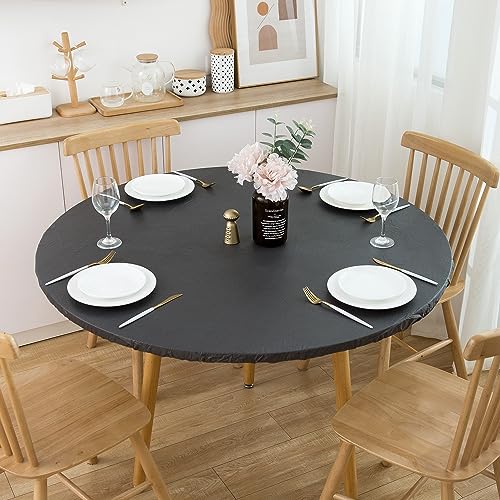 Round Vinyl Fitted Tablecloth with Flannel Backing Elastic Edged Table Cloth Waterproof Oil-Proof Plastic Table Cover (Lemon, Fits Table up to 27"-31" Diameter)