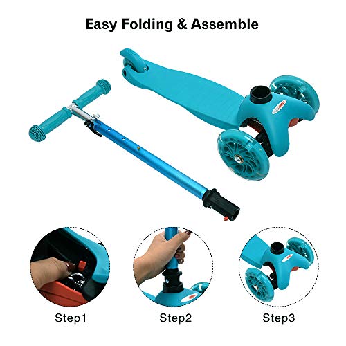 ChromeWheels Scooter for Kids, Deluxe 3 Wheel Scooter for Toddlers 4 Adjustable Height Glider with Kick Scooters, Lean to Steer with LED Flashing Light for Ages 3-6 Girls Boys, Aqua