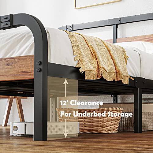 Breezehome Twin Bed Frames with Wooden Headboard, Heavy Duty Platform Metal, No Box Spring Needed, Strong Metal Slats Support, Noise-Free, Twin Size