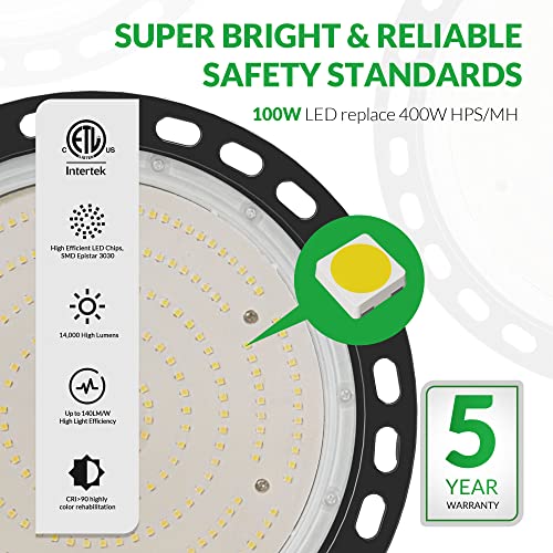 Flakeeper LED High Bay Light 100W 14000 LM with US Plug 5ft Cable, 5000K Daylight, IP65 Waterproof, UFO Commercial Industrial Warehouse Workshop Factory Barn Garage Area Lighting Fixture, 2PCS