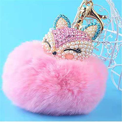 LXSSLY Blue Fox Keychain,Rabbit Fur Ball Pom Pom Crystal Keychain,Diamond Keychain,Rhinestone Car Keychains for Women Girl