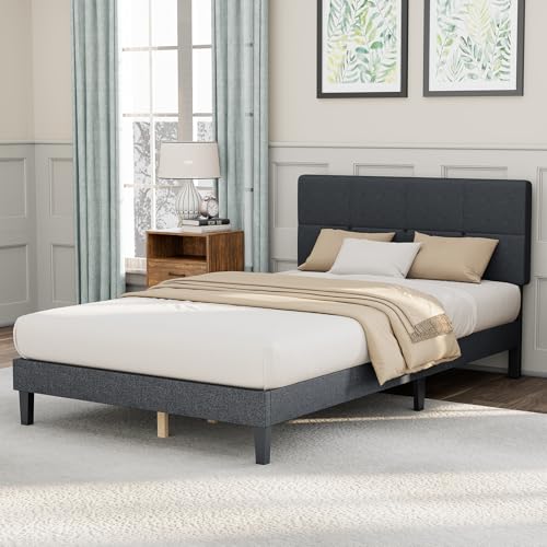 DUMOS Wood Platform Twin Bed Frame - Linen Upholstered Bed with Headboard, No Box Spring Needed, 800LBS Sturdy Wooden Slats Support for Heavy Duty, No-Noise, Mattress Foundation, Dark Grey