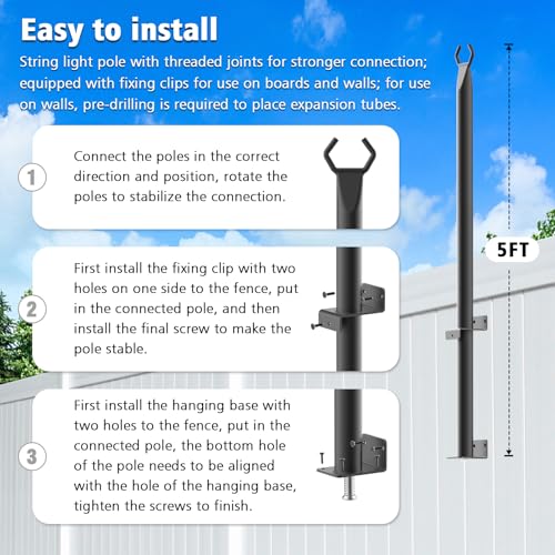 NUERPO 4 Pack String Light Poles,5Ft Metal Poles with Fork for Outdoor String Lights,Outdoor Light Poles with Fork,Poles/Post/Stand for Outside,Patio,Deck,Backyard,Garden Wedding,Party