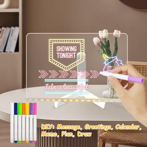 Acrylic Dry Erase Board with Light, LED Note Board with Colors,11.8 X 7.9” Light up Dry Erase Board with Adjustable Stand Glow Memo Creative Rewritable Message Board DIY Painted Light Board