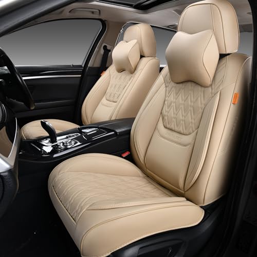 TINRAIYANG Car Seat Covers Front Pair, Breathable Leather Automotive Front Seat Covers with Headrest, Universal Automotive Vehicle Seat Cover for Most Sedan SUV Pick-up Trucks, Beige