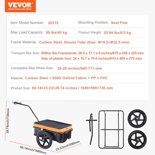 VEVOR Bike Cargo Trailer, 88 lbs Load Capacity, Heavy-Duty Bicycle Wagon Cart, Foldable Compact Storage with Universal Hitch, Waterproof Cover, 16" Wheels, Safe Reflectors, Fits 24"-28" Bike Wheels