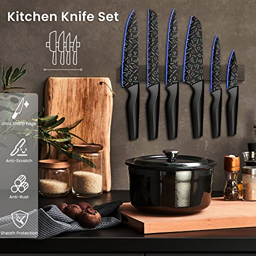 Astercook Knife Set, 12 Pcs Colorful Geometric Pattern Kitchen Knives Set, 6 Stainless Steel Chef Knife Sets with 6 Blade Guards, Dishwasher Safe, Black