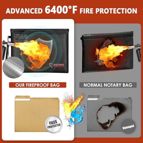 ROLOWAY Fireproof Document Bag (14.5 x 11.5 inch), 6400℉ Fireproof Money Bag with Zipper for Cash, Fireproof Bag Money Pouch, Fire Safe Cash Bag Banker Bag, Smell Proof Bag Money Bag with Lock (Black)