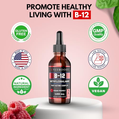 VITBOOST Vegan Liquid B-12 Drops – 60 x 5000 mcg Extra Strength Raspberry Flavored Vitamin B12 Liquid Methylcobalamin sublingual Supplement | Designed to Maximize Absorption & Energy | Gluten Free