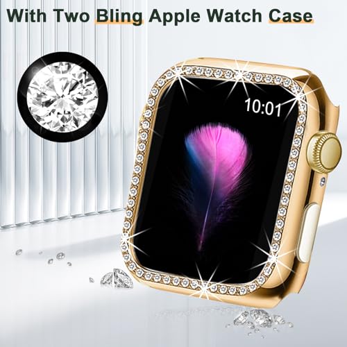 Mesime Compatible for Apple Watch Band with Screen Protector Case, Jewelry Replacement Bands 45mm 44mm 42mm 41mm 40 mm 38mm 2 Pack Bling Protective Cover for iWatch Series 9/8/7/6/5/4/3/2/1/SE Women