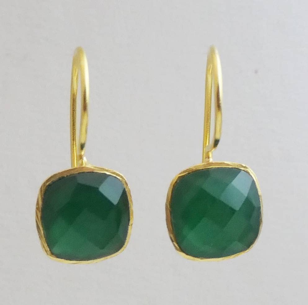 Cushion Cut Natural Green Onyx Gold Plated Sterling Silver Drop Dangle Earrings - Handmade Gemstone Jewelry Gift Ideas for Women (Green Onyx)